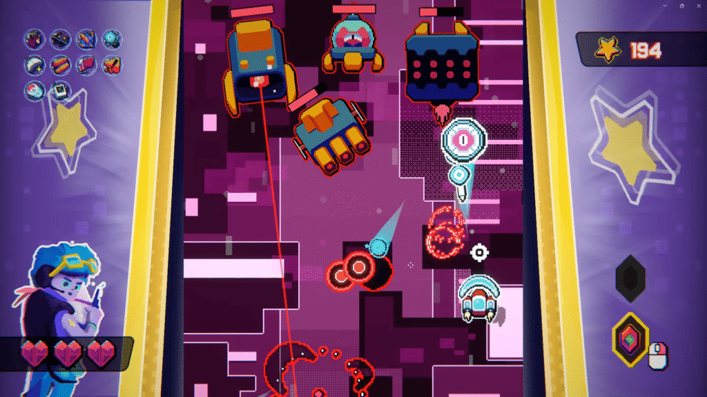 Gameplay screenshot of an intense boss fight in the action roguelite Irradiant Skies, showing lasers and projectiles.