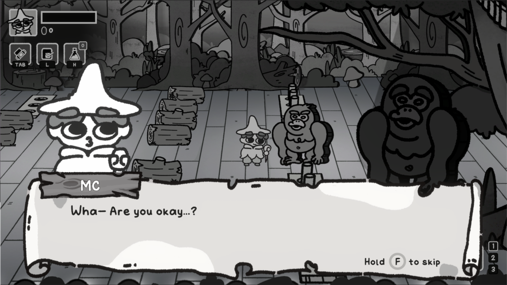 A monkey character and an NPC in a video game, with a dialogue box reading "are you okay?